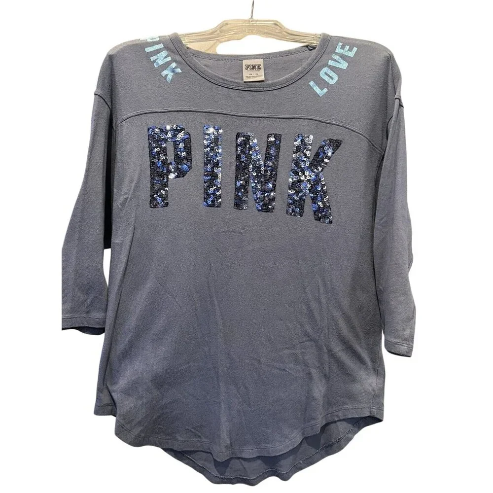 Victorias Secret Pink Love Sequin Logo Gray 3/4 Sleeve Tee XS 100% Cotton - Picture 1 of 7